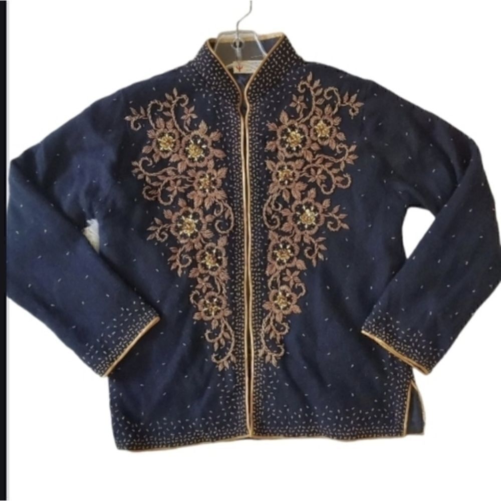 1960s Gold & Black Beaded Cardigan- L, Vintage Wool Sweater Mandarin collar Glam